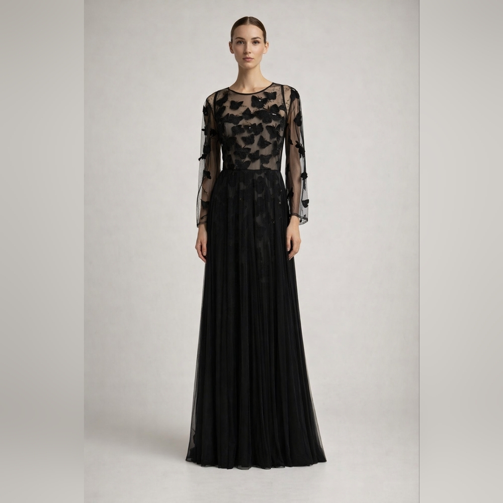 Marchesa Notte butterfly black dress with long sleeves.